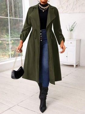 SHEIN Lady معاطف ترينش متوسطة الطول لارتداء الخروج للنساء، نصف دائري الحواف منسوج، أزرار أمامية، مناسب للموسم الخريفي والشتوي