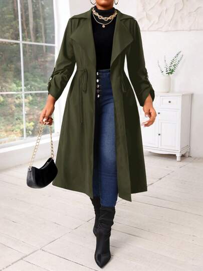 SHEIN Lady معاطف ترينش متوسطة الطول لارتداء الخروج للنساء، نصف دائري الحواف منسوج، أزرار أمامية، مناسب للموسم الخريفي والشتوي