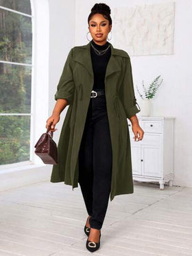SHEIN Lady معاطف ترينش متوسطة الطول لارتداء الخروج للنساء، نصف دائري الحواف منسوج، أزرار أمامية، مناسب للموسم الخريفي والشتوي