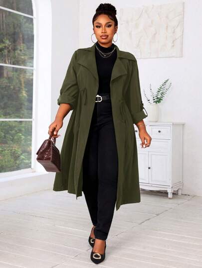 SHEIN Lady معاطف ترينش متوسطة الطول لارتداء الخروج للنساء، نصف دائري الحواف منسوج، أزرار أمامية، مناسب للموسم الخريفي والشتوي