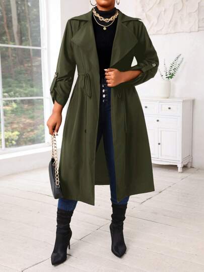 SHEIN Lady معاطف ترينش متوسطة الطول لارتداء الخروج للنساء، نصف دائري الحواف منسوج، أزرار أمامية، مناسب للموسم الخريفي والشتوي