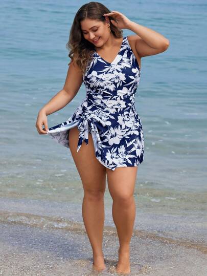 Swim Lushoire ملابس سباحة طقم واحد بطباعة زهرية للحجم الكبير للشاطئ/العطلات الصيفية