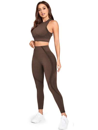 SHEIN Yoga Basic طقم رياضي ويوجا قطعتين بدون غرز، مجموعة ملابس تدريب نسائية، طقم سروال رياضي نسائي