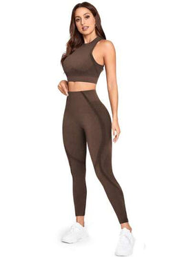 SHEIN Yoga Basic طقم رياضي ويوجا قطعتين بدون غرز، مجموعة ملابس تدريب نسائية، طقم سروال رياضي نسائي