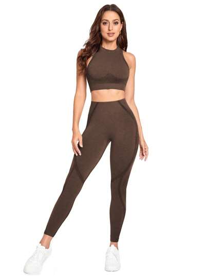SHEIN Yoga Basic طقم رياضي ويوجا قطعتين بدون غرز، مجموعة ملابس تدريب نسائية، طقم سروال رياضي نسائي
