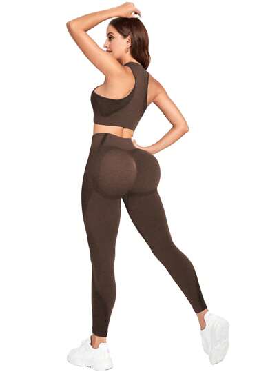 SHEIN Yoga Basic طقم رياضي ويوجا قطعتين بدون غرز، مجموعة ملابس تدريب نسائية، طقم سروال رياضي نسائي