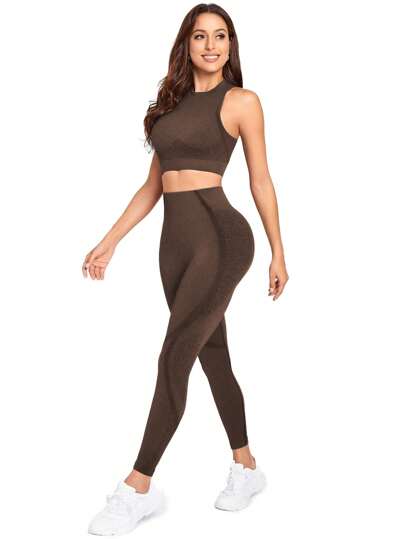 SHEIN Yoga Basic طقم رياضي ويوجا قطعتين بدون غرز، مجموعة ملابس تدريب نسائية، طقم سروال رياضي نسائي