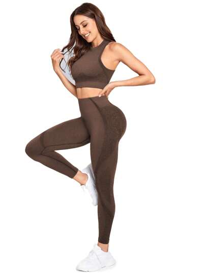 SHEIN Yoga Basic طقم رياضي ويوجا قطعتين بدون غرز، مجموعة ملابس تدريب نسائية، طقم سروال رياضي نسائي