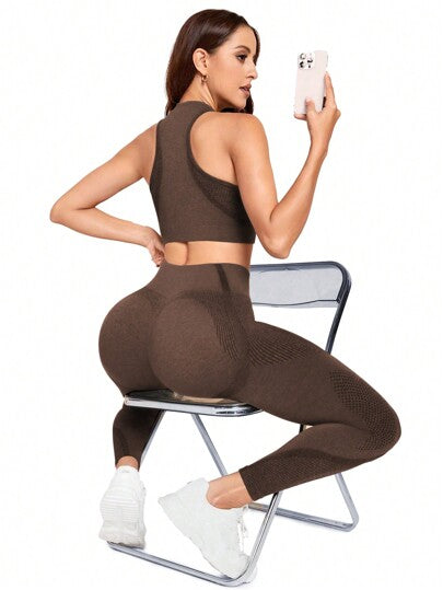 SHEIN Yoga Basic طقم رياضي ويوجا قطعتين بدون غرز، مجموعة ملابس تدريب نسائية، طقم سروال رياضي نسائي