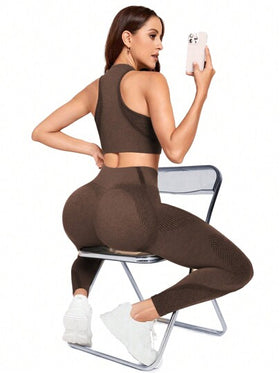 SHEIN Yoga Basic طقم رياضي ويوجا قطعتين بدون غرز، مجموعة ملابس تدريب نسائية، طقم سروال رياضي نسائي