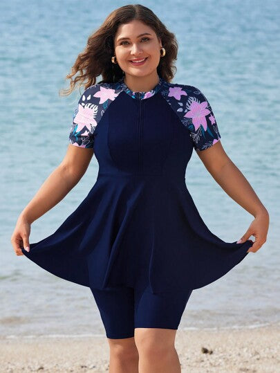 طقم تانكيني حريمي Swim Mulvari بلوزة ذات زخرفة زهرية مفرغة بقياسات كبيرة، فستان شاطئ مقاس كبير، مثالي للصيف