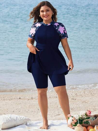 طقم تانكيني حريمي Swim Mulvari بلوزة ذات زخرفة زهرية مفرغة بقياسات كبيرة، فستان شاطئ مقاس كبير، مثالي للصيف