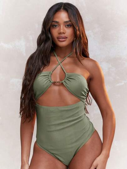 مايوه حريمي قطعة واحدة MISSGUIDED بدلة سباحة قطعة واحدة بتصميم مصمت متقاطع على الرقبة لفصل الصيف