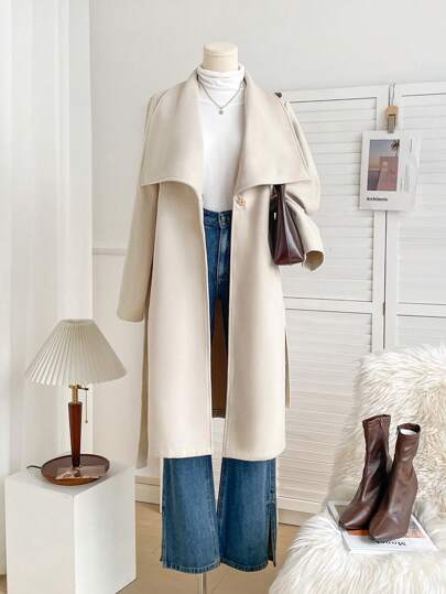 SHEIN LUNE معطف جديد لموسم الخريف والشتاء 2024 للنساء، لون أحادي، تصميم ياقة كبيرة، ربطة خصر، أنيق وملائم للإطلالة الكاجوال