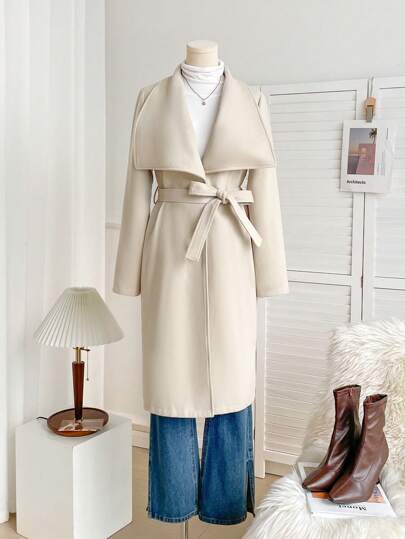 SHEIN LUNE معطف جديد لموسم الخريف والشتاء 2024 للنساء، لون أحادي، تصميم ياقة كبيرة، ربطة خصر، أنيق وملائم للإطلالة الكاجوال