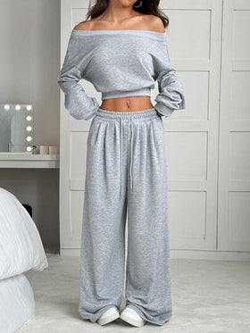 SHEIN EZwear مجموعة ملابس علوية قصير كتف منخفض وبنطلون واسع الساق كاجوال 2قطعة، أساسي لون واحد ياقة غير متماثلة، ربيع وخريف