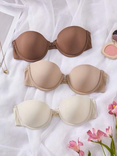Shein Underwear&Sleepwear Basics طقم 3قطع بطانات نسائية بإغلاق أمامي مثير بدون أشرطة بتصميم بسيط