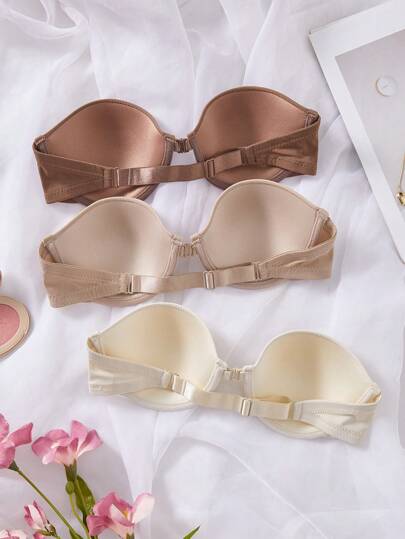Shein Underwear&Sleepwear Basics طقم 3قطع بطانات نسائية بإغلاق أمامي مثير بدون أشرطة بتصميم بسيط