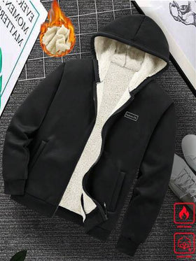 Manfinity Homme معطف مبطن حراري بقلنسوة للرجال، جاكيت محبوك مزود بسحاب، خريف/شتاء