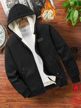 Manfinity Homme معطف مبطن حراري بقلنسوة للرجال، جاكيت محبوك مزود بسحاب، خريف/شتاء