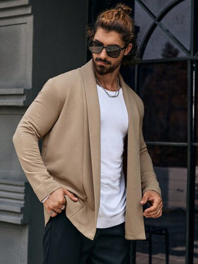 Manfinity Homme معطف طويل الأكمام كاجوال أحادي اللون للرجال، معطف رجالي، ملابس رجالية للخريف والشتاء، معطف شتوي للرجال، معطف بيج