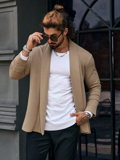 Manfinity Homme معطف طويل الأكمام كاجوال أحادي اللون للرجال، معطف رجالي، ملابس رجالية للخريف والشتاء، معطف شتوي للرجال، معطف بيج