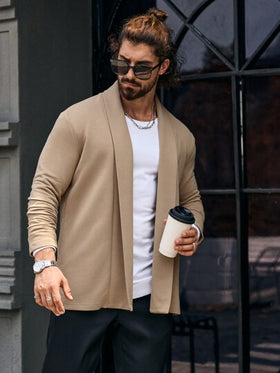 Manfinity Homme معطف طويل الأكمام كاجوال أحادي اللون للرجال، معطف رجالي، ملابس رجالية للخريف والشتاء، معطف شتوي للرجال، معطف بيج
