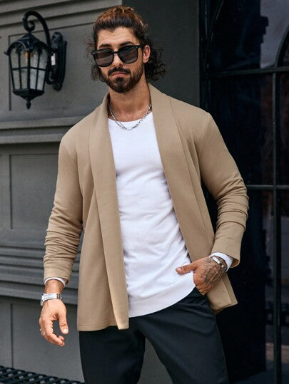 Manfinity Homme معطف طويل الأكمام كاجوال أحادي اللون للرجال، معطف رجالي، ملابس رجالية للخريف والشتاء، معطف شتوي للرجال، معطف بيج