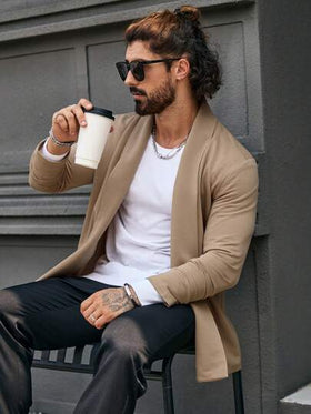 Manfinity Homme معطف طويل الأكمام كاجوال أحادي اللون للرجال، معطف رجالي، ملابس رجالية للخريف والشتاء، معطف شتوي للرجال، معطف بيج