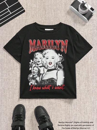 تيشيرتات بناتي Marilyn Monroe X  تي شيرت قصير الأكمام بطاقم الرقبة للبنات الصغيرات مطبوع عليه حرف إنجليزي وأرقام قطعة واحدة لون أسود متعدد الاستخدامات كاجوال
