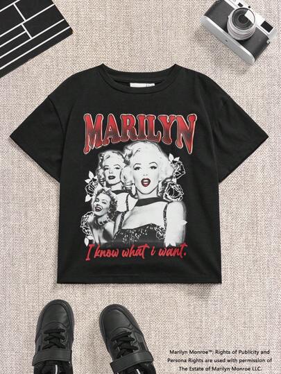 تيشيرتات بناتي Marilyn Monroe X  تي شيرت قصير الأكمام بطاقم الرقبة للبنات الصغيرات مطبوع عليه حرف إنجليزي وأرقام قطعة واحدة لون أسود متعدد الاستخدامات كاجوال
