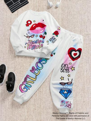 girls-sets Marilyn Monroe X  طقم بناطيل جوكر مزين وبلوزة كنزة بيضاء مريحة للفتيات المراهقات مع طباعة الحرف و الشفاه والفاكهة والوردة 2 قطعة
