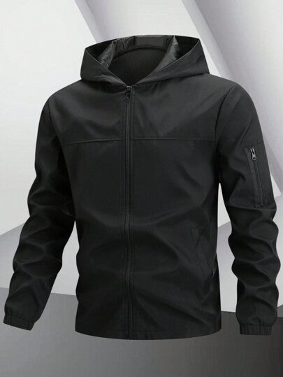 Manfinity Homme معطف رياضي أسود بسحاب وكابوت طويل الأكمام خفيف للخروج، هدية للأصدقاء والأزواج والأحباء، مناسب للخريف