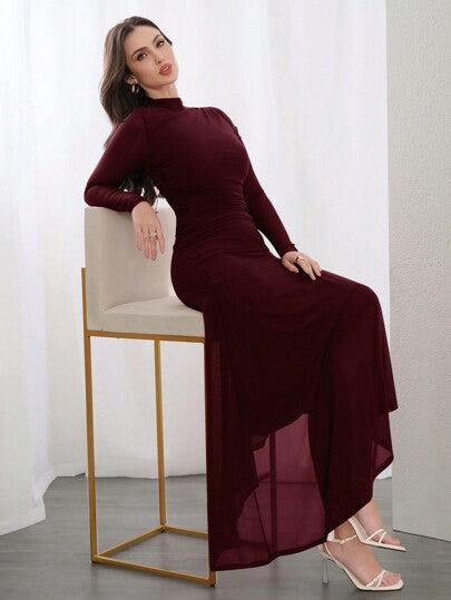 Modelyn فستان نسائي بلون بوردو أحمر غامق، ياقة عالية، تصميم غير متماثل الذيل، مناسب للربيع والصيف، فستان سهرة أنيق