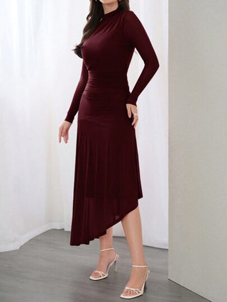 Modelyn فستان نسائي بلون بوردو أحمر غامق، ياقة عالية، تصميم غير متماثل الذيل، مناسب للربيع والصيف، فستان سهرة أنيق