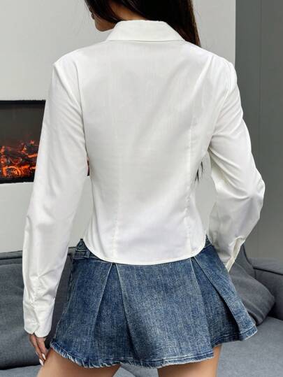EZwear بلوزة بأكمام طويلة وياقة مع ربطة الخصر للنساء, الربيع/الخريف