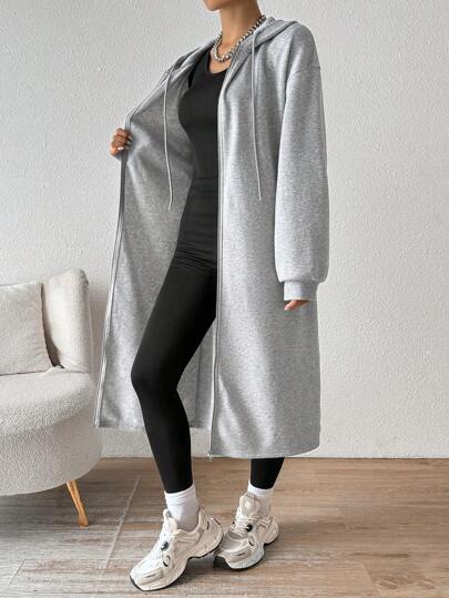 SHEIN EZwear معطف رمادي بغطاء للرأس متوسط الطول مبطن بالصوف للنساء، للخريف والشتاء