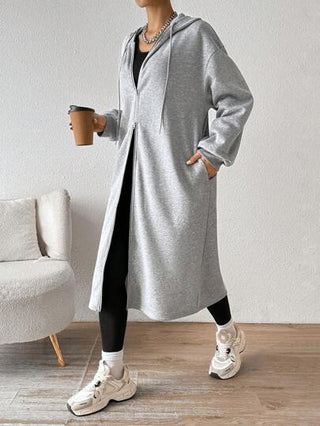 EZwear معطف رمادي بغطاء للرأس متوسط الطول مبطن بالصوف للنساء، للخريف والشتاء