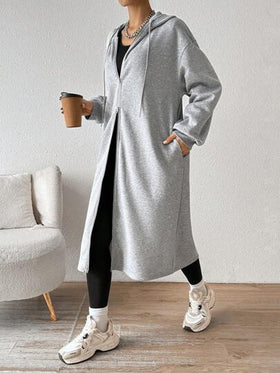 SHEIN EZwear معطف رمادي بغطاء للرأس متوسط الطول مبطن بالصوف للنساء، للخريف والشتاء