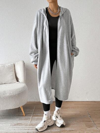 SHEIN EZwear معطف رمادي بغطاء للرأس متوسط الطول مبطن بالصوف للنساء، للخريف والشتاء