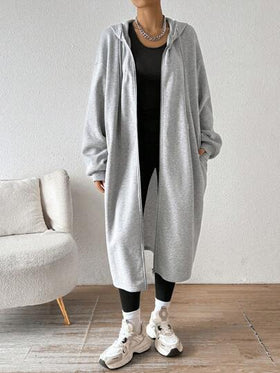 SHEIN EZwear معطف رمادي بغطاء للرأس متوسط الطول مبطن بالصوف للنساء، للخريف والشتاء