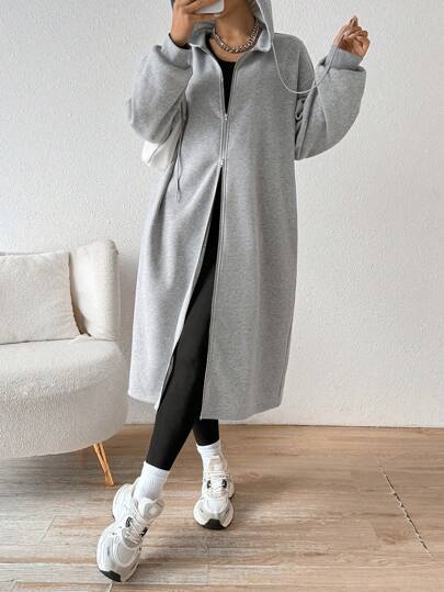 SHEIN EZwear معطف رمادي بغطاء للرأس متوسط الطول مبطن بالصوف للنساء، للخريف والشتاء