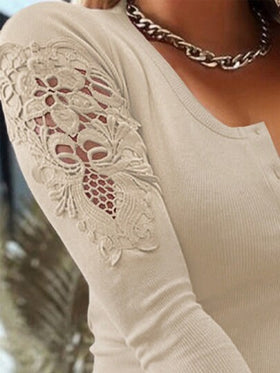 ChicMe ملابس علوية كم طويل مع لوحة من الدانتيل، أزرار وياقة V نصف ملابس علوية مناسبة للياقة الضيقة للاستخدام اليومي والكاجوال
