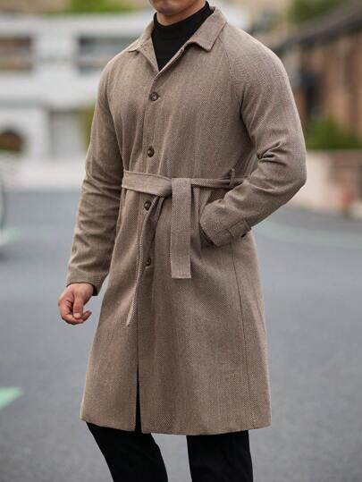 Manfinity Homme معطف رجالي طويل كاجوال بياقة مرتفعة و أكمام طويلة بطبعة السمكة ، خريف وشتاء