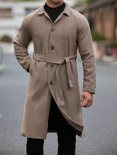 Manfinity Homme معطف رجالي طويل كاجوال بياقة مرتفعة و أكمام طويلة بطبعة السمكة ، خريف وشتاء