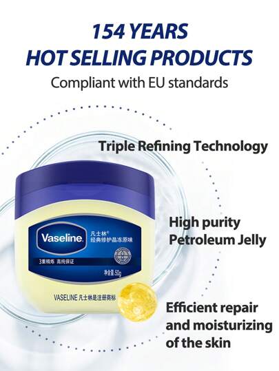 Vaseline جلي شفاء أصلي 50 جرام | 100% بترولاتوم أبيض كمحمي للبشرة | جلي بترولي أصلي يوفر الراحة للبشرة الجافة ويحمي من الجروح البسيطة، موصى به من قبل أخصائي الجلد ويحافظ على الرطوبة