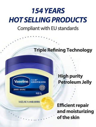 Vaseline جلي شفاء أصلي 50 جرام | 100% بترولاتوم أبيض كمحمي للبشرة | جلي بترولي أصلي يوفر الراحة للبشرة الجافة ويحمي من الجروح البسيطة، موصى به من قبل أخصائي الجلد ويحافظ على الرطوبة