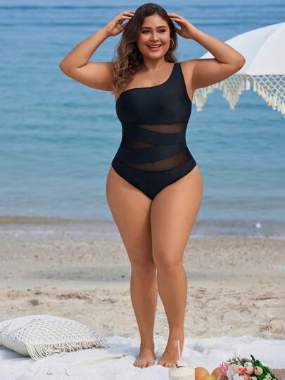 Swim Lushoire ملابس سباحة بتصميم قطعة واحدة للسيدات نساء البدينات مع تباين لون الشبك والأجزاء موحد اللون مناسبة للصيف والعطلات الشاطئية