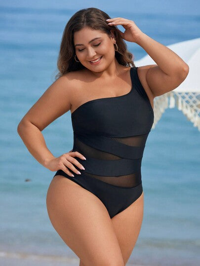 Swim Lushoire ملابس سباحة بتصميم قطعة واحدة للسيدات نساء البدينات مع تباين لون الشبك والأجزاء موحد اللون مناسبة للصيف والعطلات الشاطئية