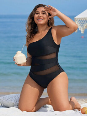 Swim Lushoire ملابس سباحة بتصميم قطعة واحدة للسيدات نساء البدينات مع تباين لون الشبك والأجزاء موحد اللون مناسبة للصيف والعطلات الشاطئية
